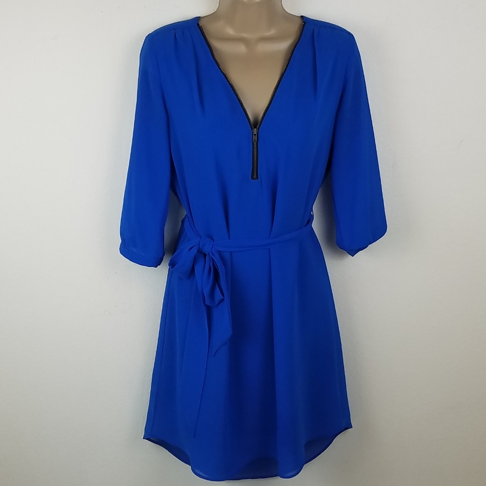 Sheer cobalt blue midi dress with waist tie - Picture 1 of 7
